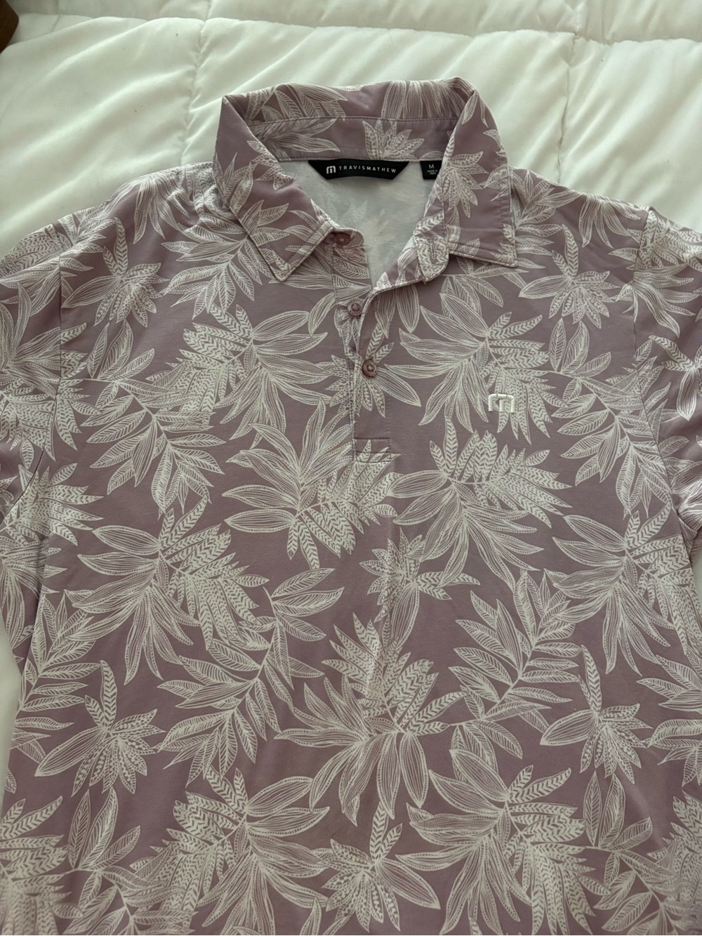 Travis Mathew Mauve Polo with White Tropical Print